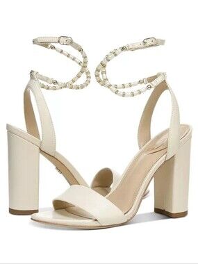 Sam Edelman Yanelli Ivory Leather Pearl Rhinestone Embellishment Strap Gold